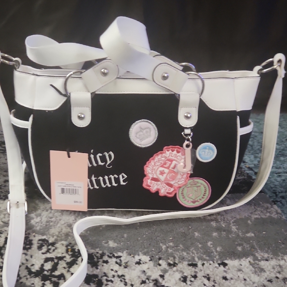 Juicy Couture Black and White Shoulder Bag with Badge Embellishments